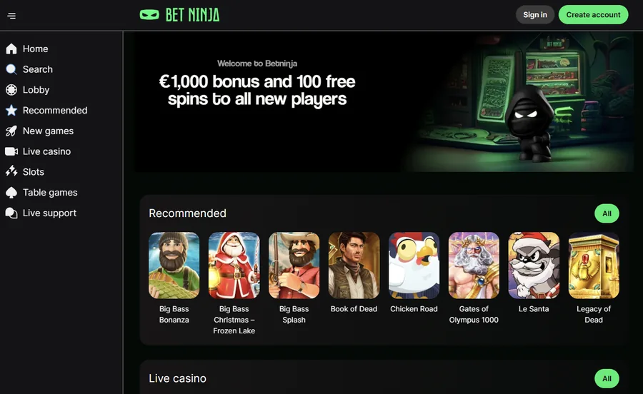 Betninja Best Casino List homepage interface screenshot